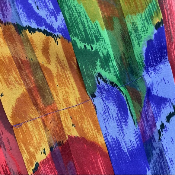 Vintage Floral Blouse Sheer Stripe Vibrant Colors Rolled Collar Eclectic Pleats - Picture 9 of 16